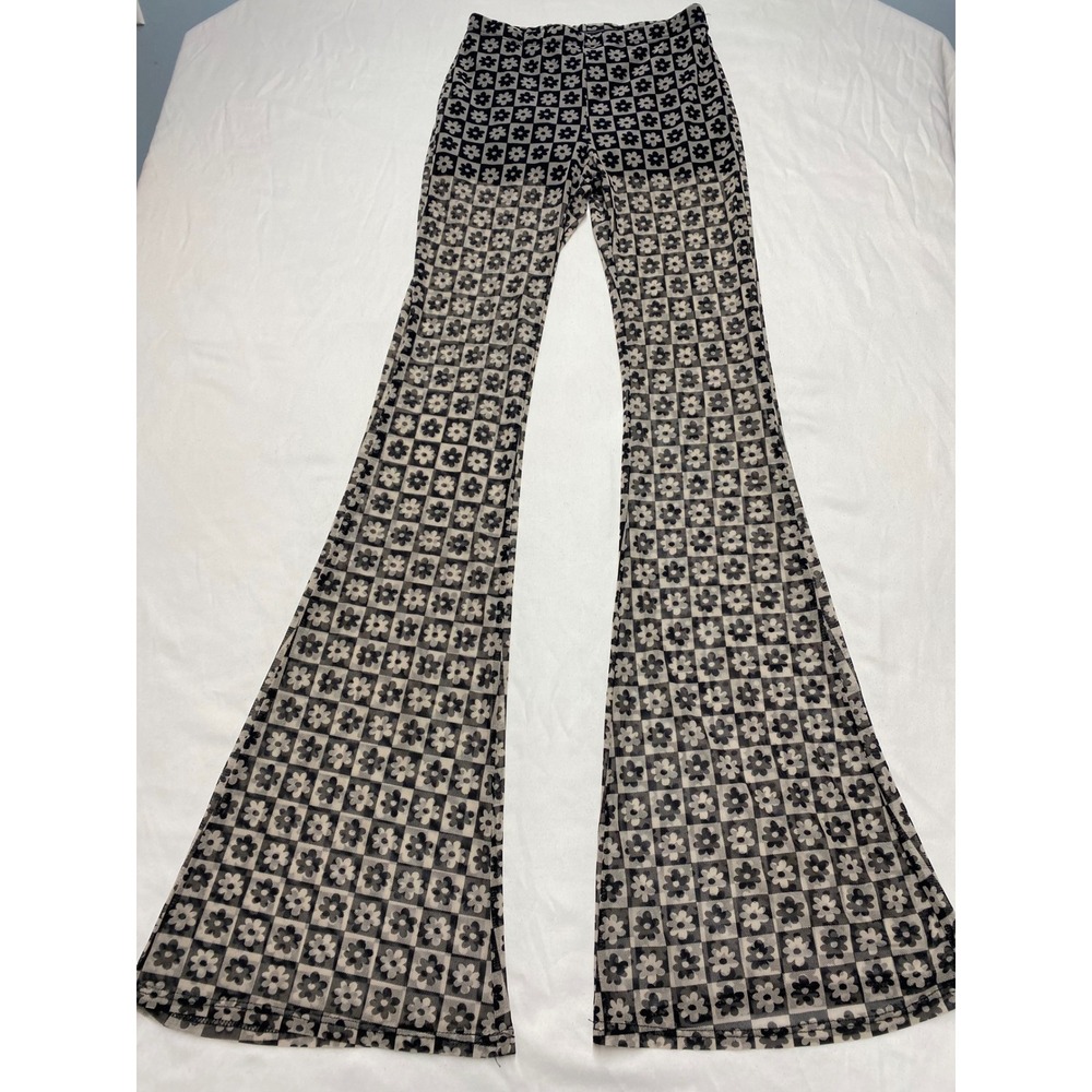 Vibe Sportswear Black White Checkered Floral Mesh Flare Bell Bottom Pants Small